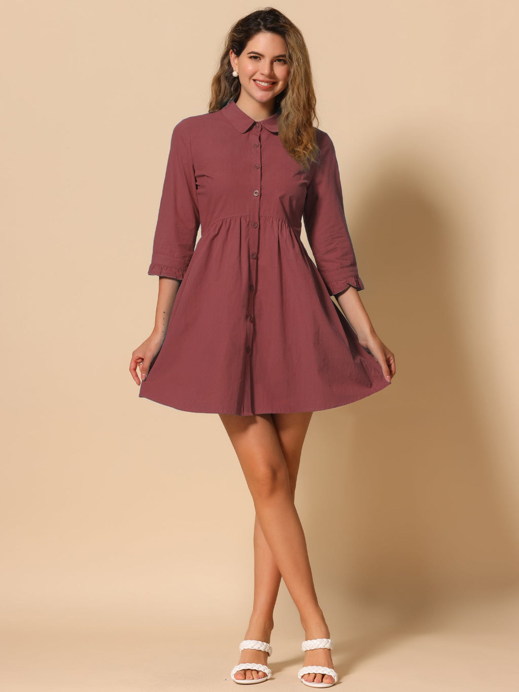 Point-Collar Ruched Dress
