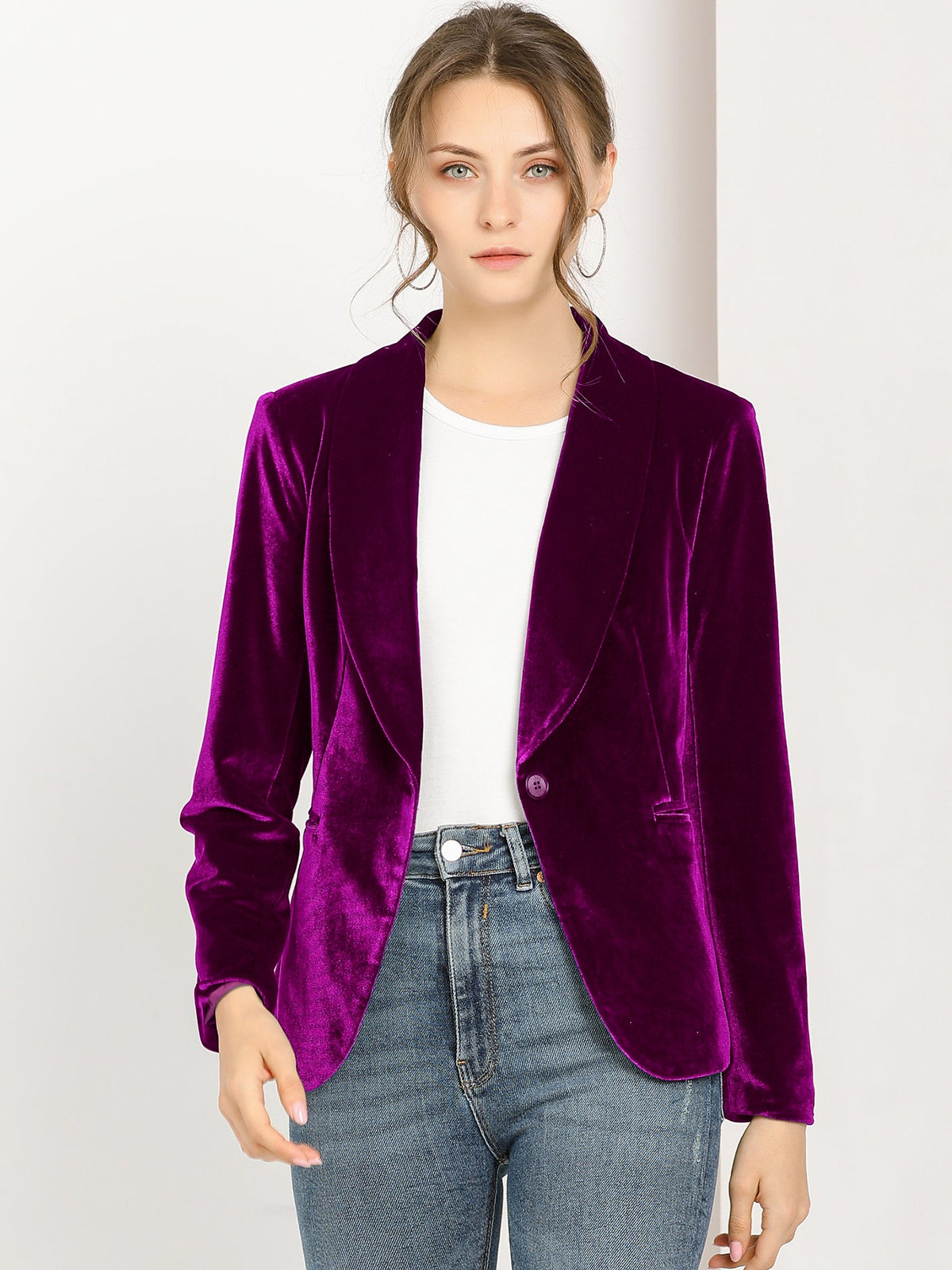 Velvet Shawl-Collar Single-Button Blazer