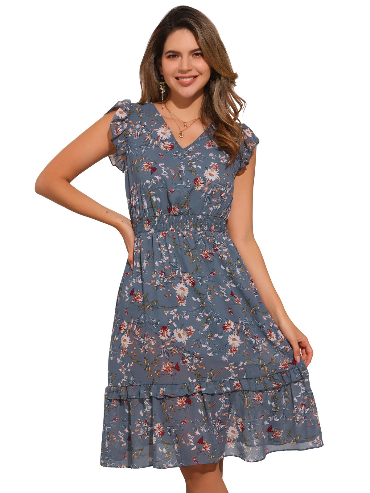 V-Neck Floral Flutter Dress