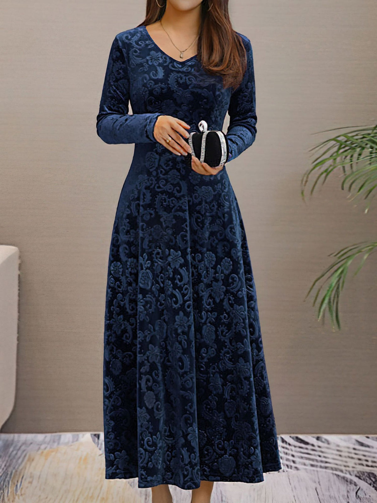 Elastane Long-Sleeve Floral Dress