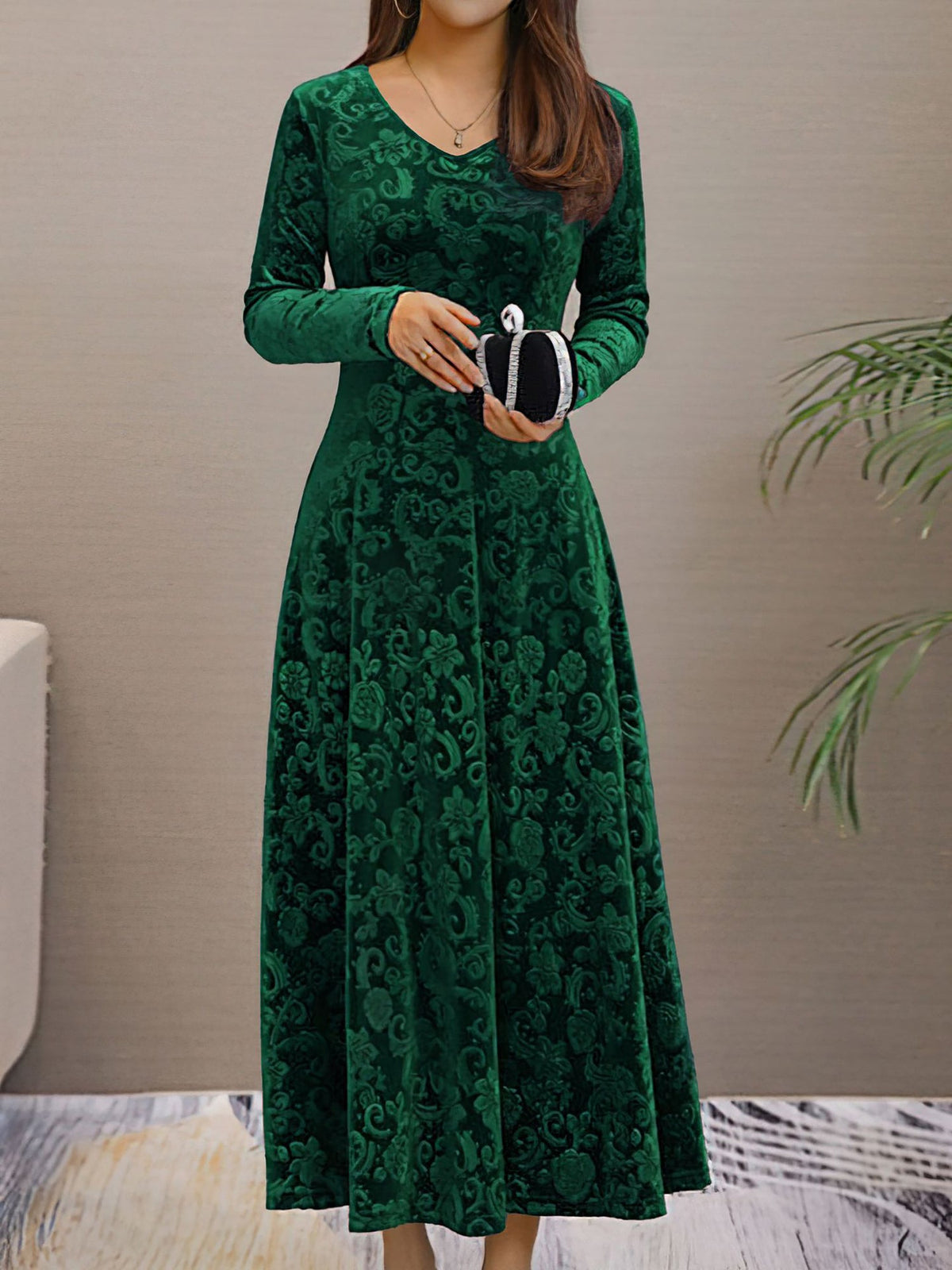 Elastane Long-Sleeve Floral Dress