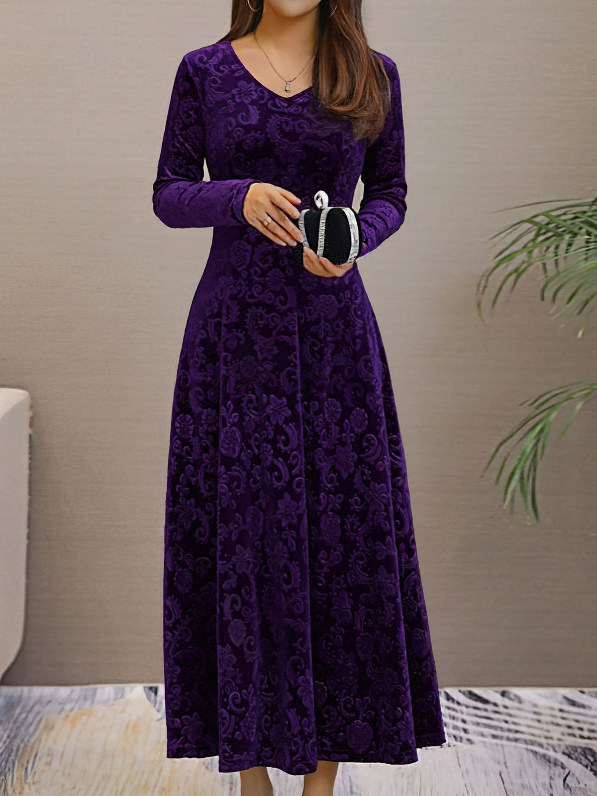Elastane Long-Sleeve Floral Dress