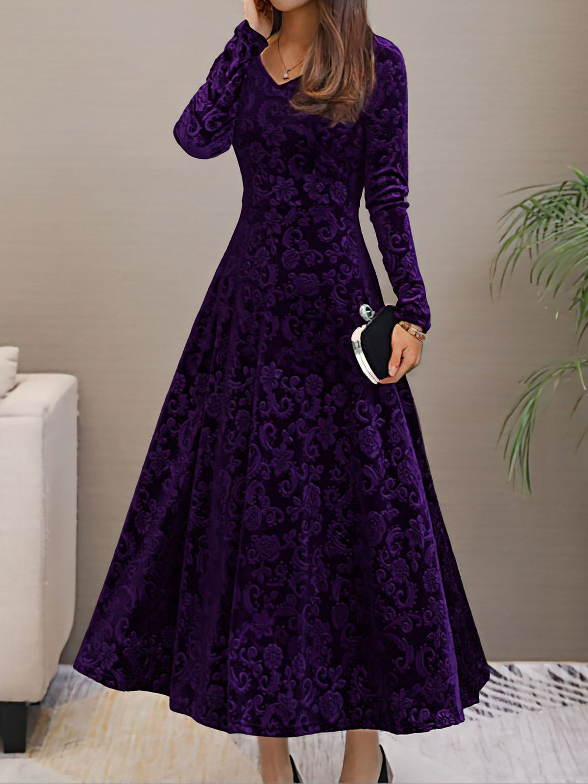 Elastane Long-Sleeve Floral Dress