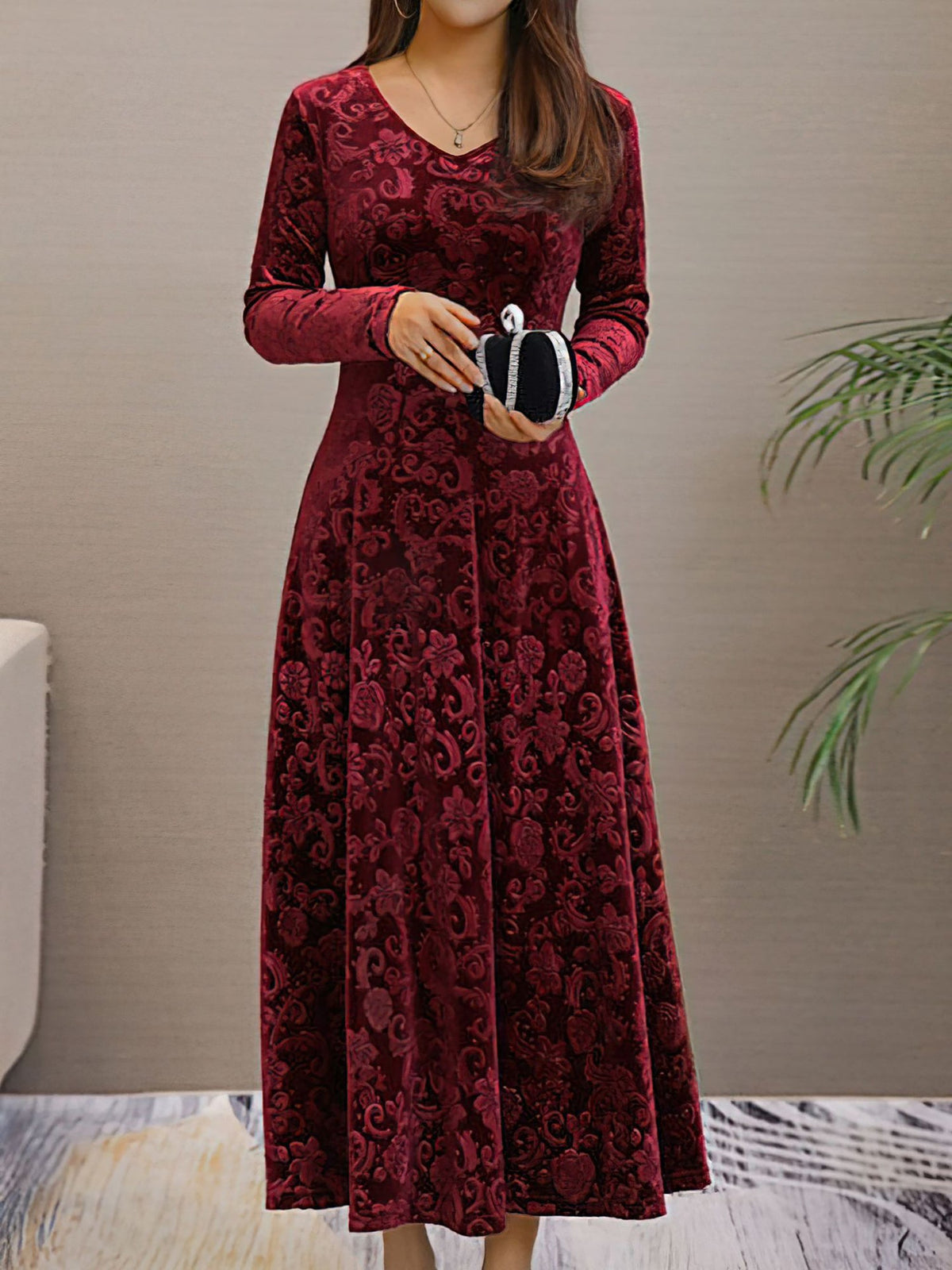 Elastane Long-Sleeve Floral Dress
