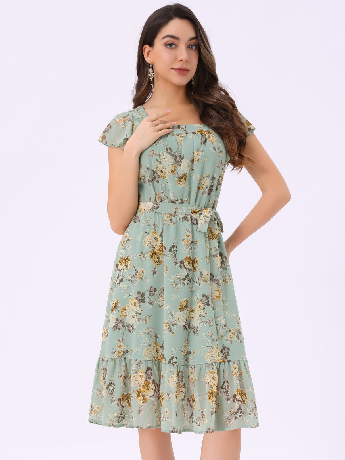 Square Neck Flutter Floral Dress