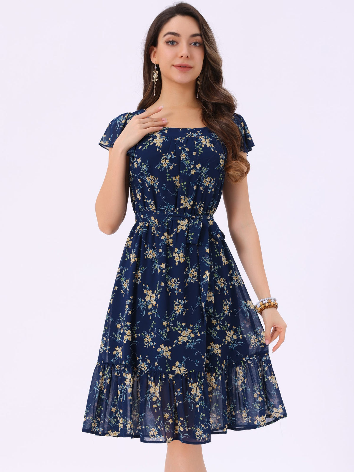 Square Neck Flutter Floral Dress