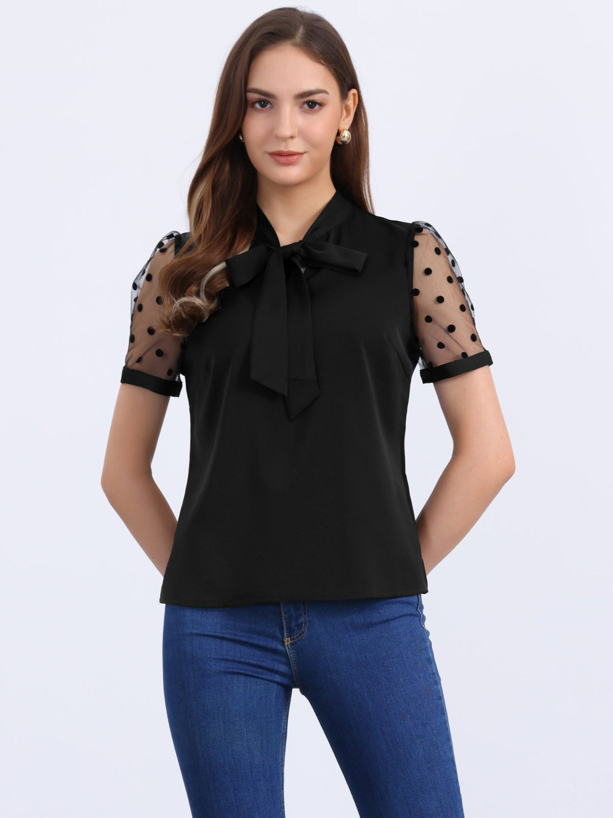 Mesh Sleeve Bow Tie Blouse