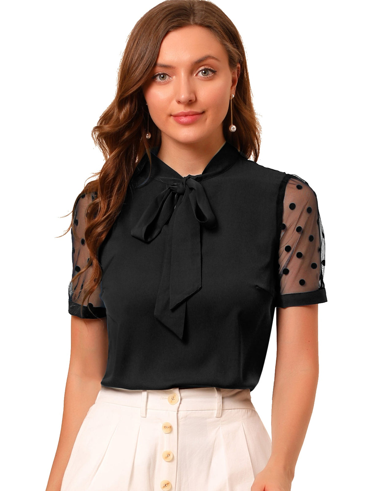 Mesh Sleeve Bow Tie Blouse