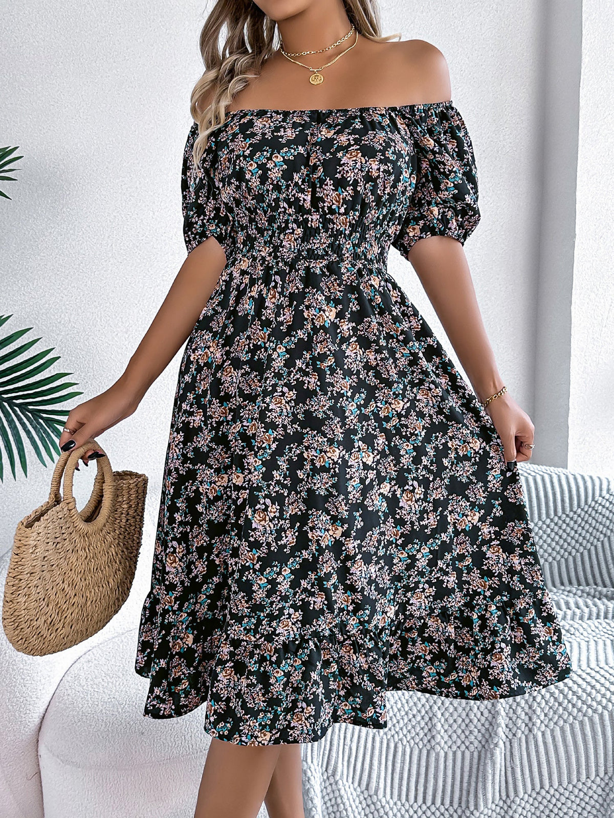 Summer Soft-Print Short-Sleeve Dress