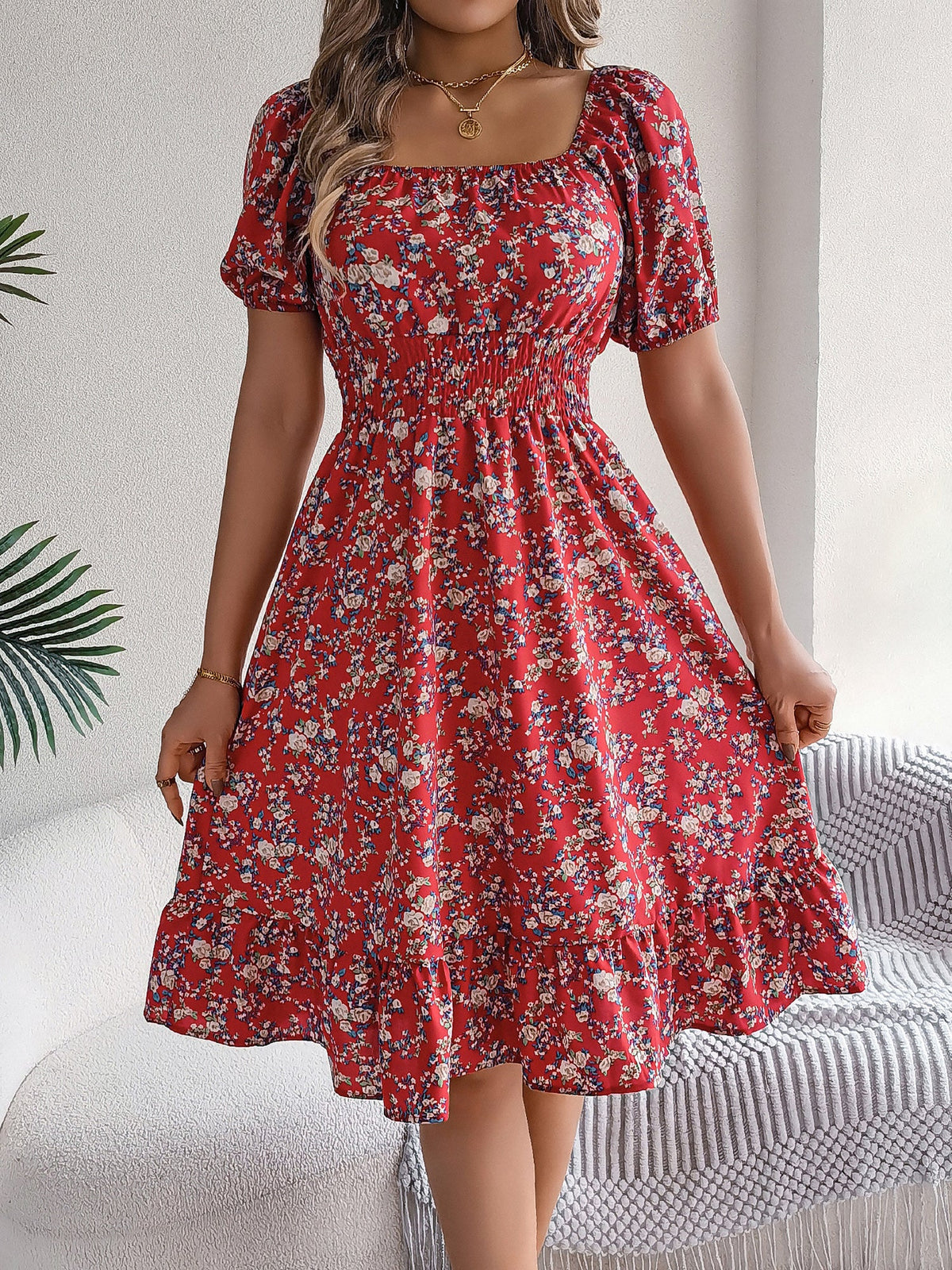 Summer Soft-Print Short-Sleeve Dress
