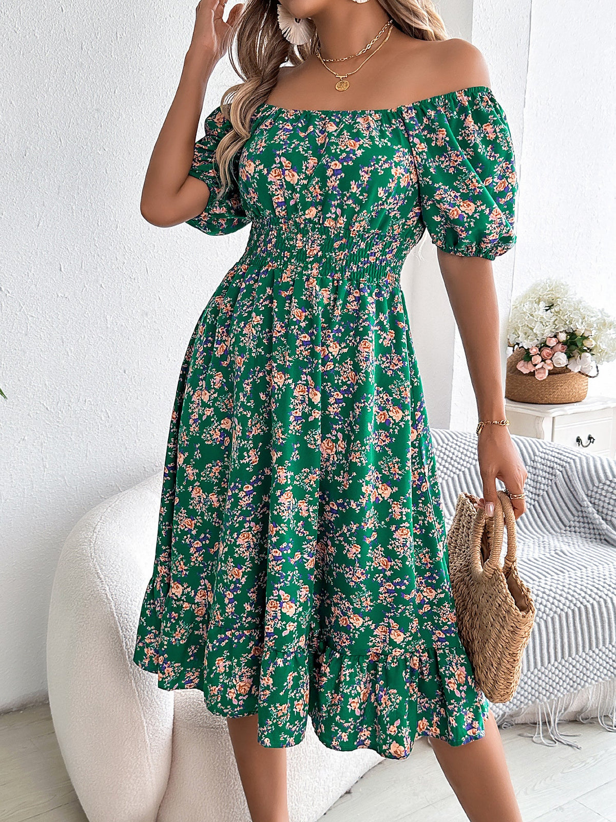 Summer Soft-Print Short-Sleeve Dress