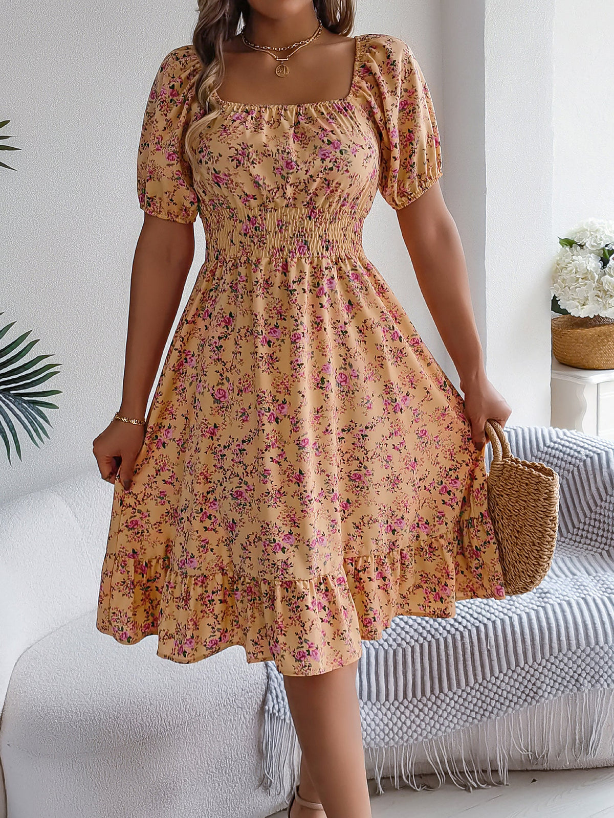 Summer Soft-Print Short-Sleeve Dress