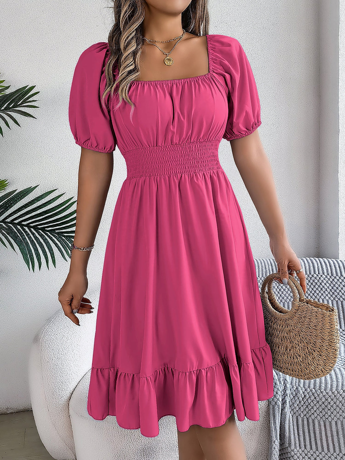 Elastane Solid Short-Sleeve Dress