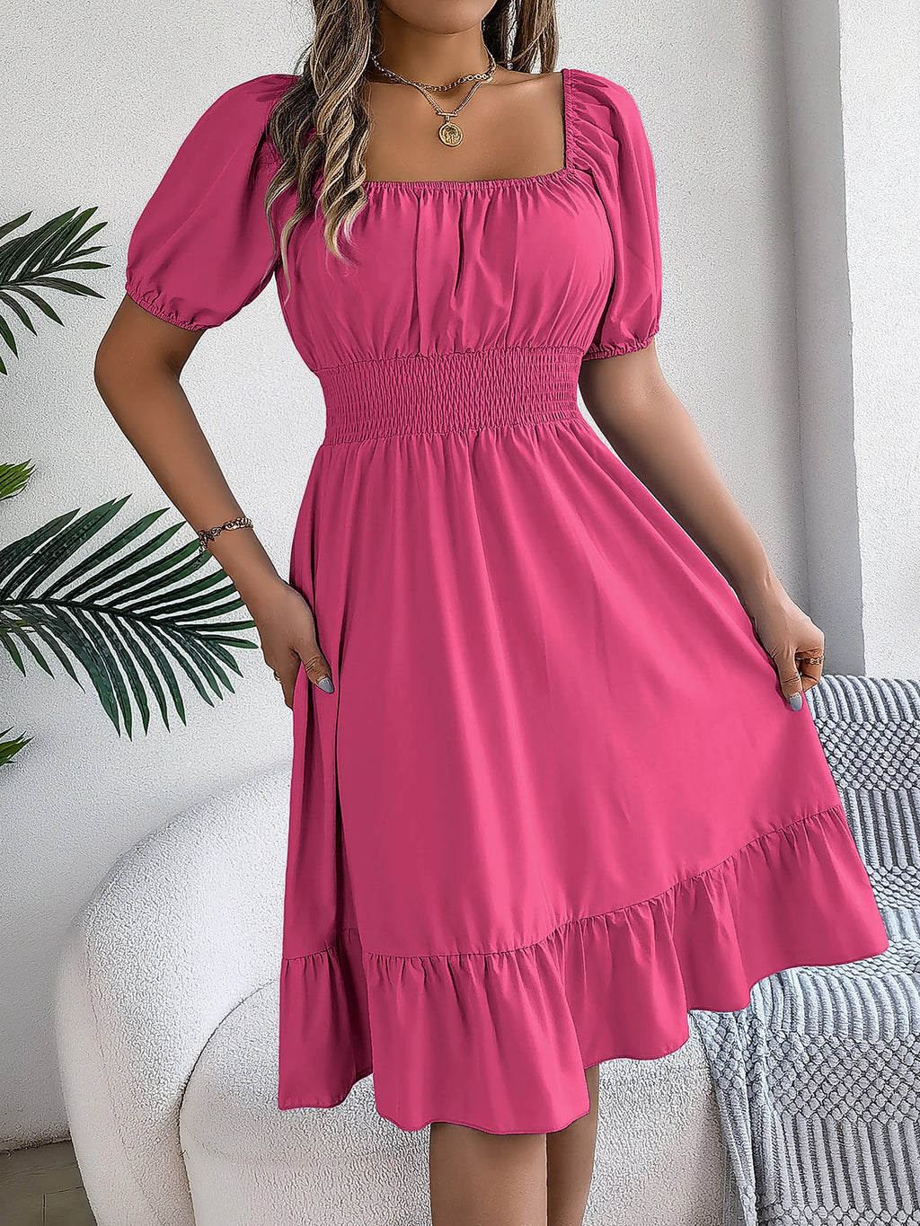 Elastane Solid Short-Sleeve Dress