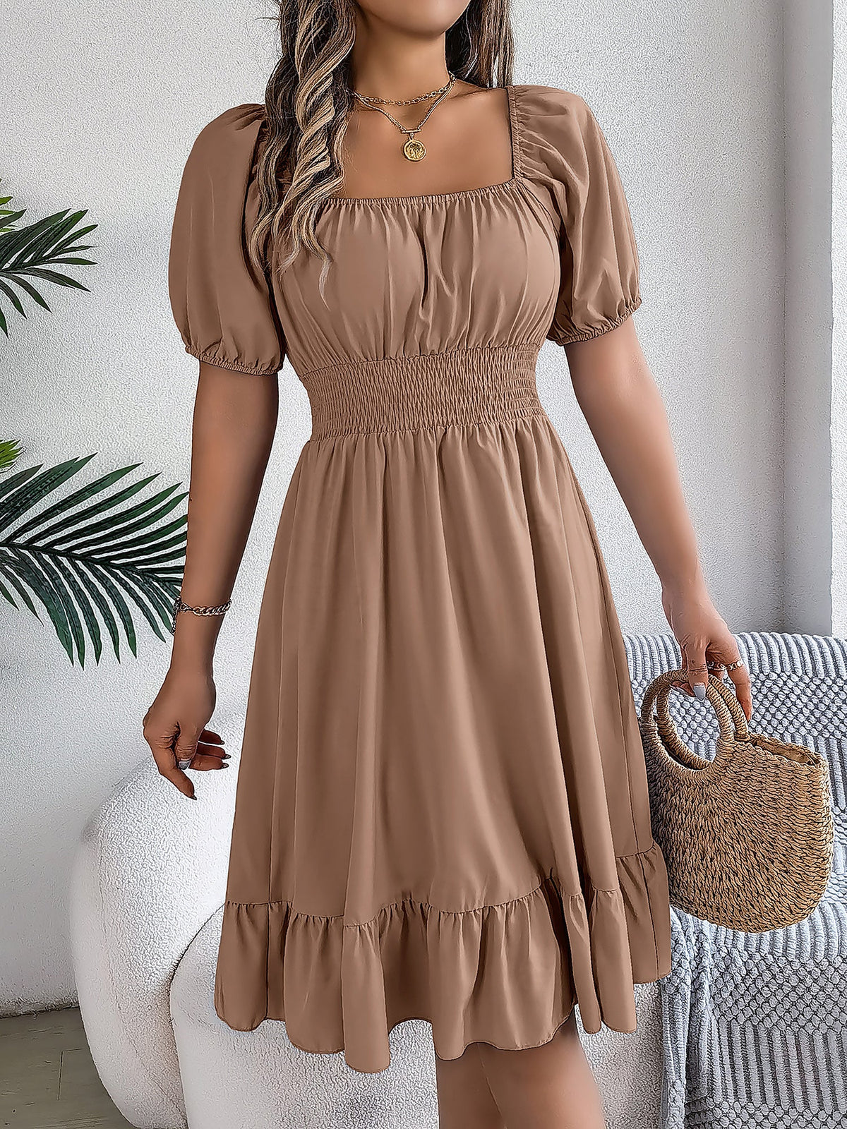 Elastane Solid Short-Sleeve Dress