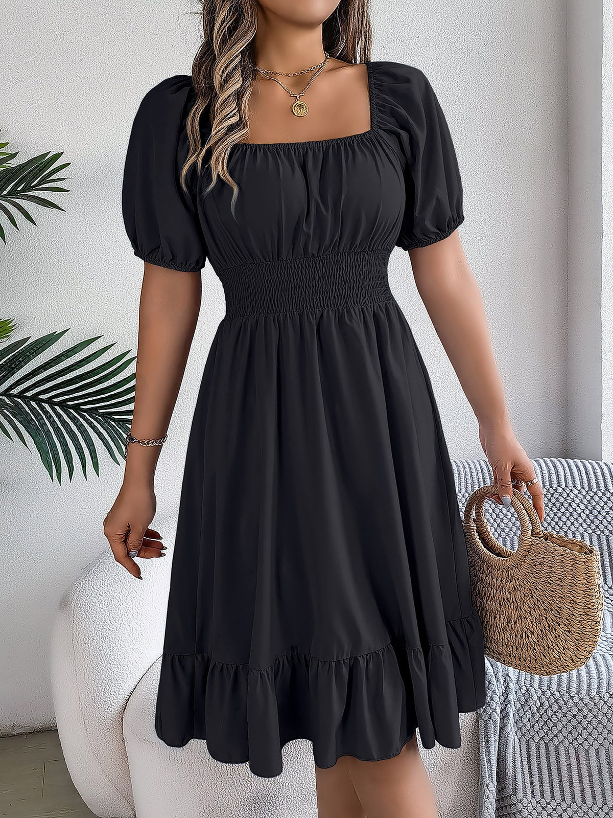 Elastane Solid Short-Sleeve Dress