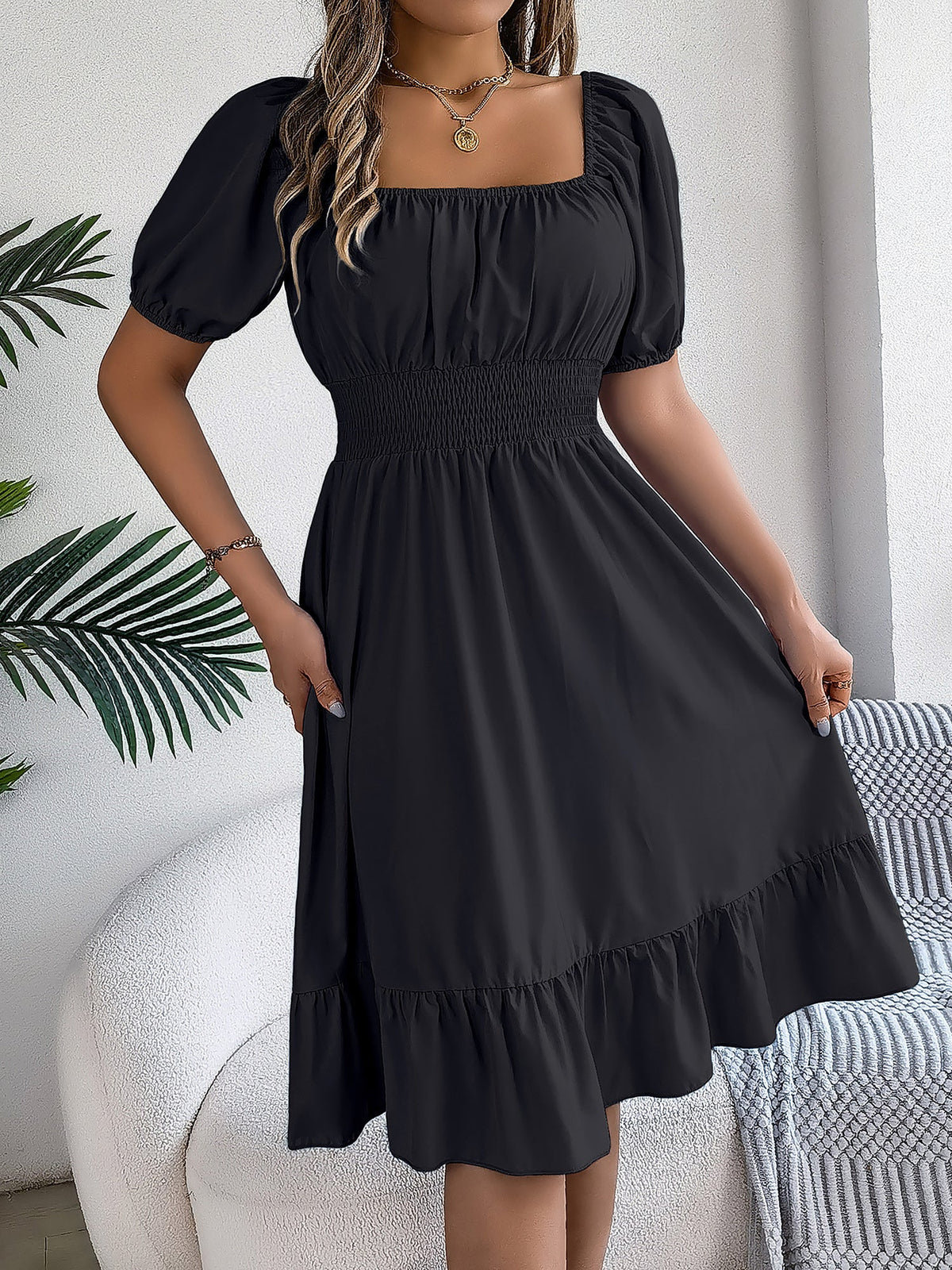 Elastane Solid Short-Sleeve Dress