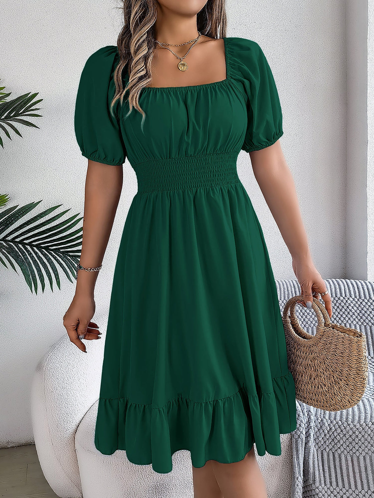 Elastane Solid Short-Sleeve Dress