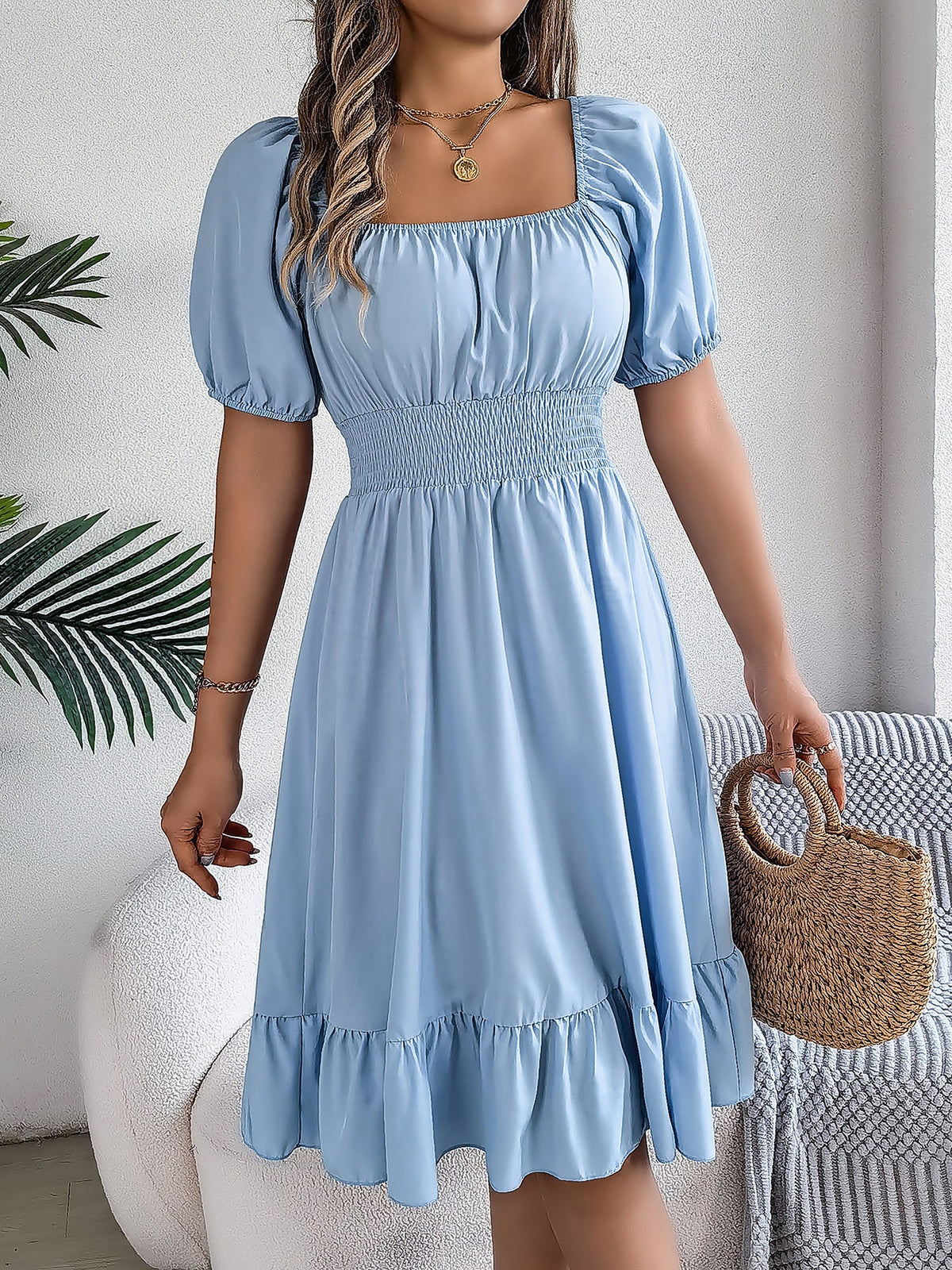 Elastane Solid Short-Sleeve Dress