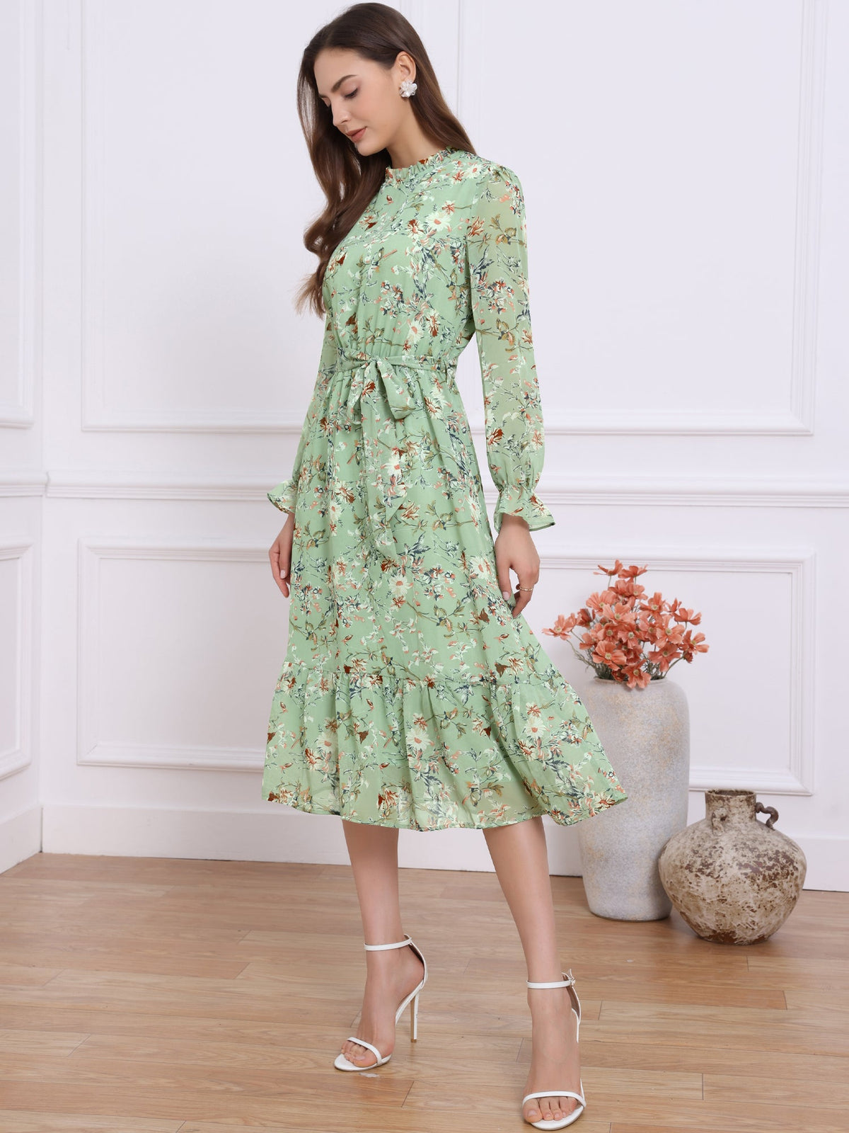 A-Line Long-Sleeve Floral Dress