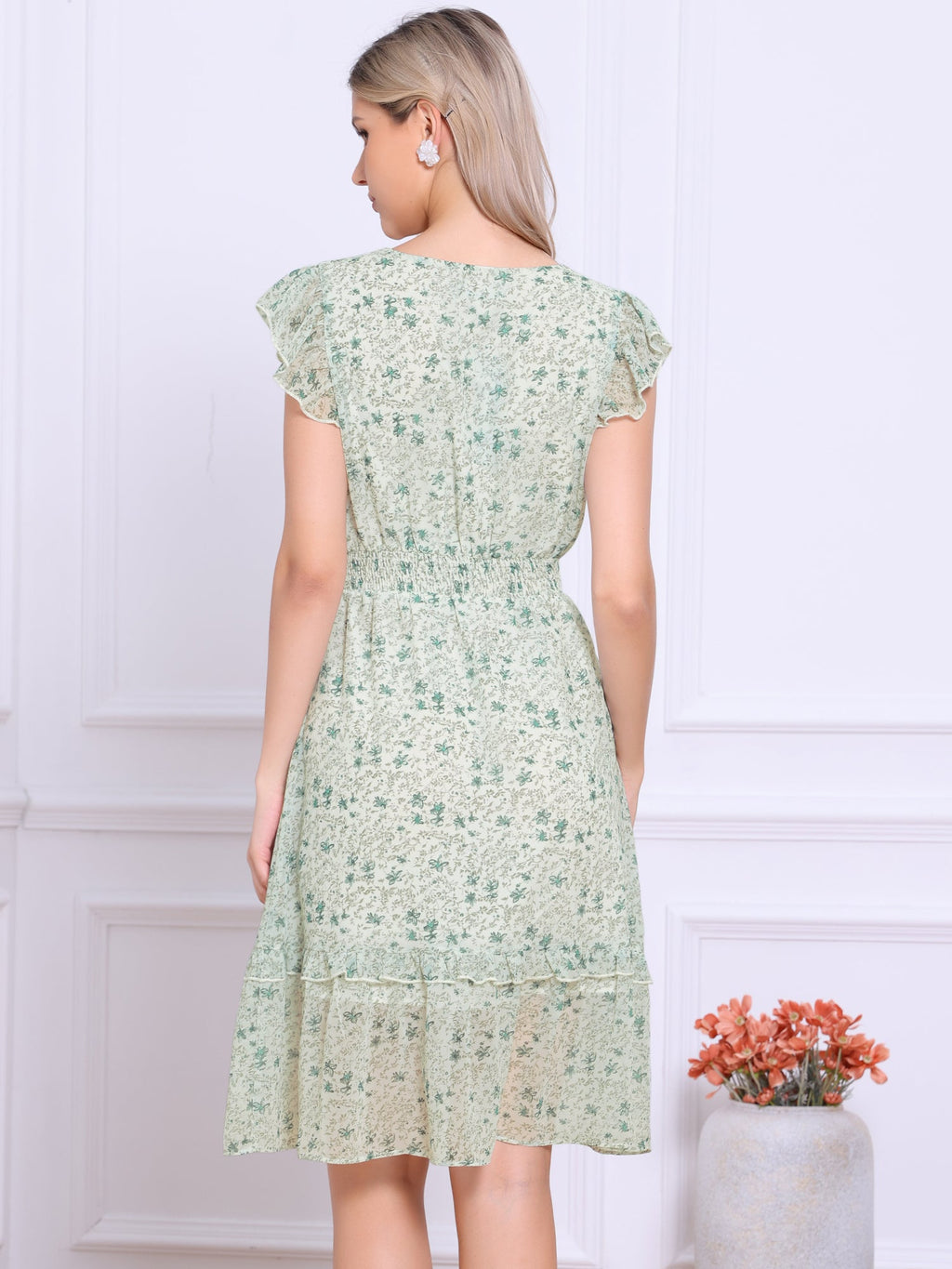 V-Neck Floral Flutter Dress