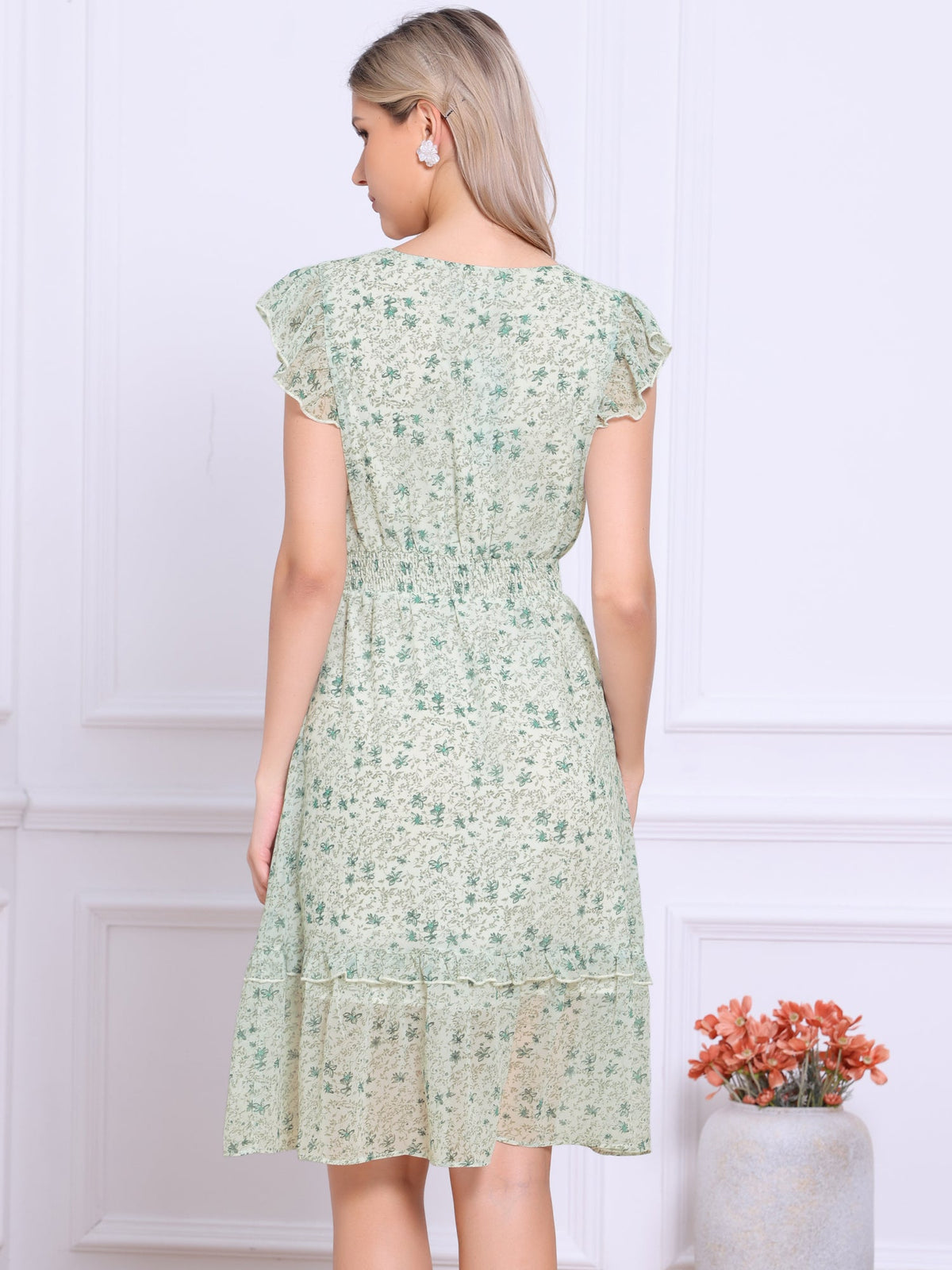 V-Neck Floral Flutter Dress