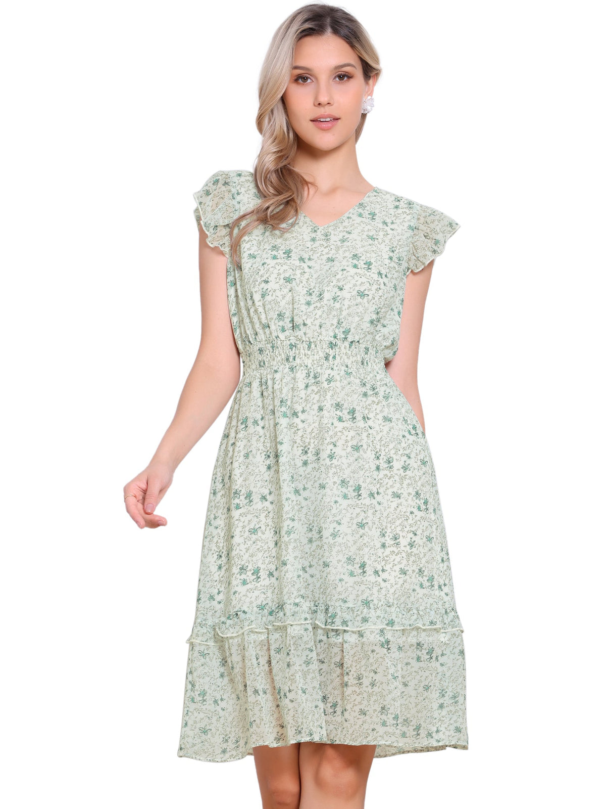 V-Neck Floral Flutter Dress