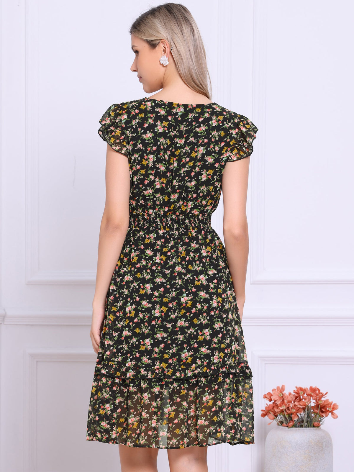 V-Neck Floral Flutter Dress