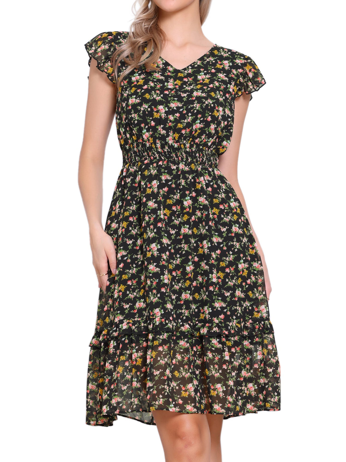 V-Neck Floral Flutter Dress