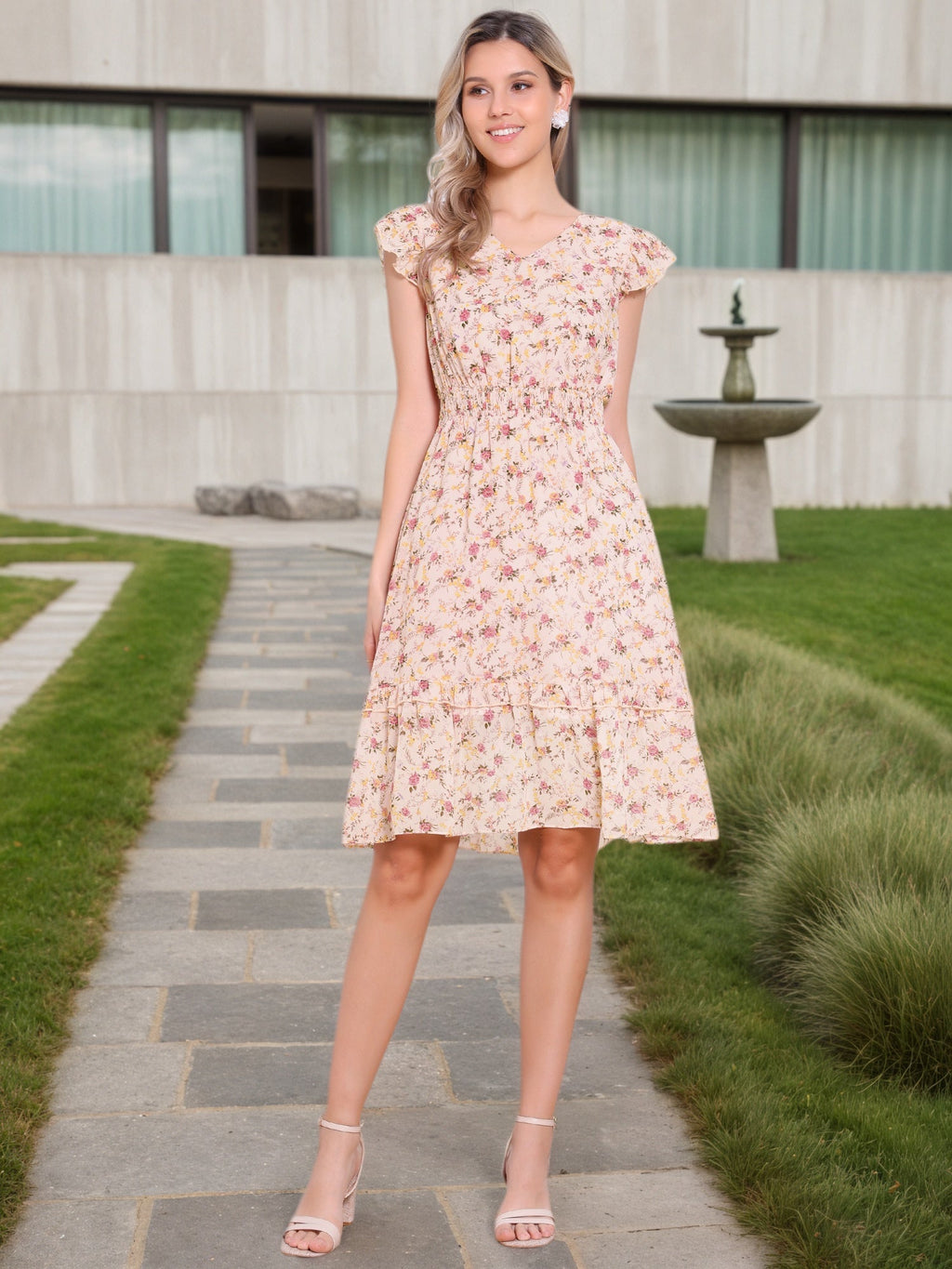 V-Neck Floral Flutter Dress