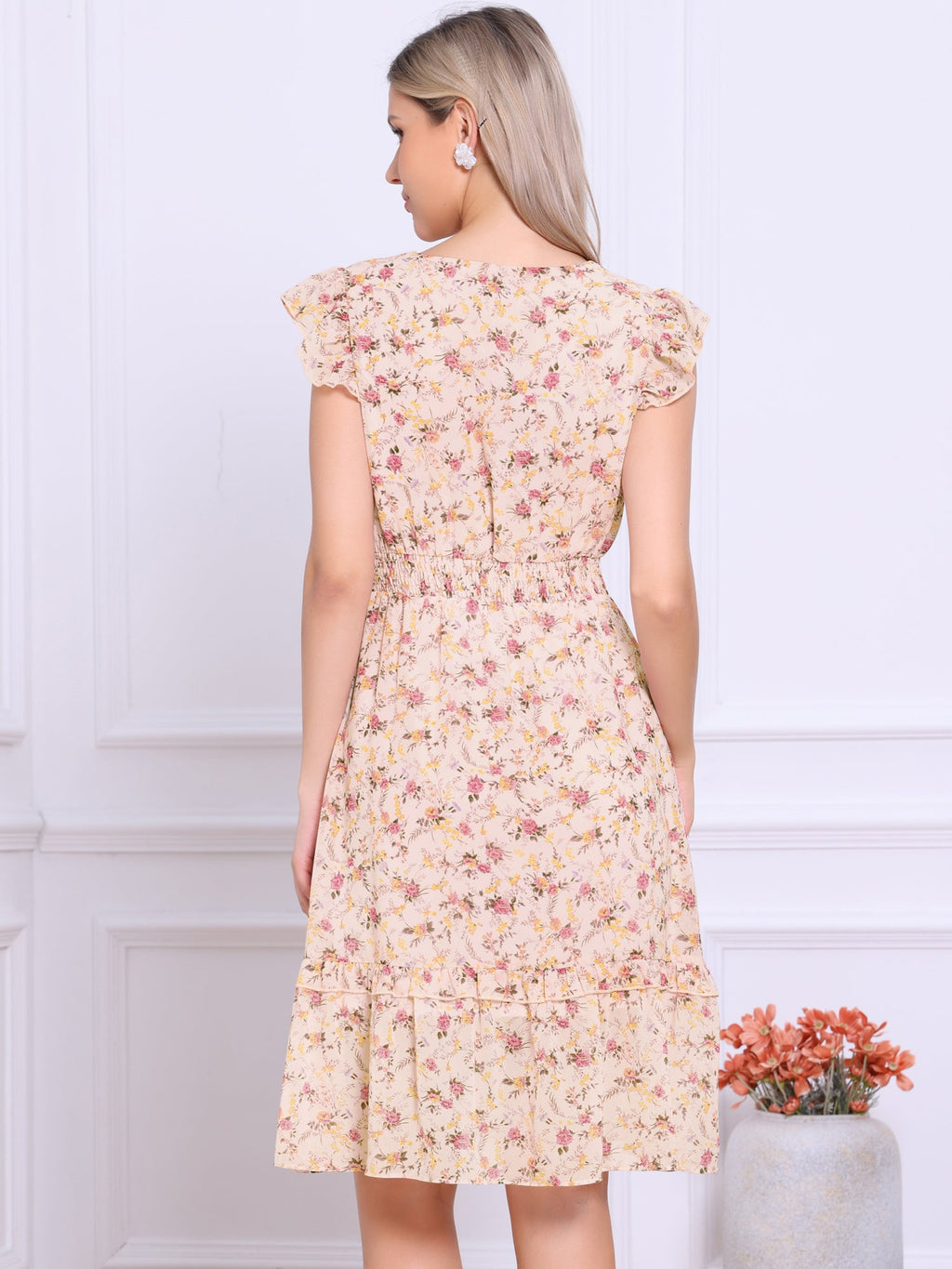 V-Neck Floral Flutter Dress