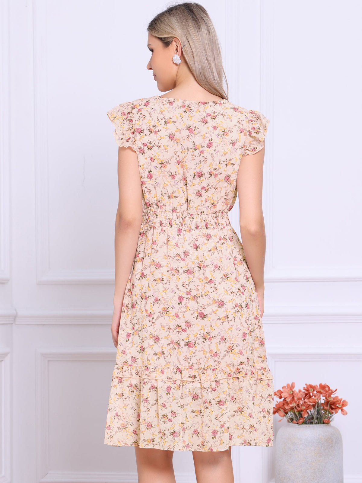 V-Neck Floral Flutter Dress