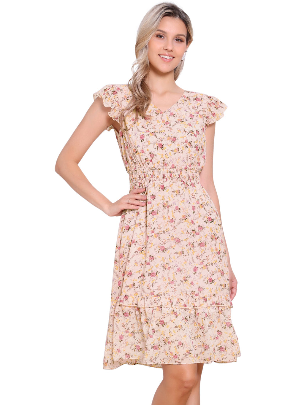 V-Neck Floral Flutter Dress