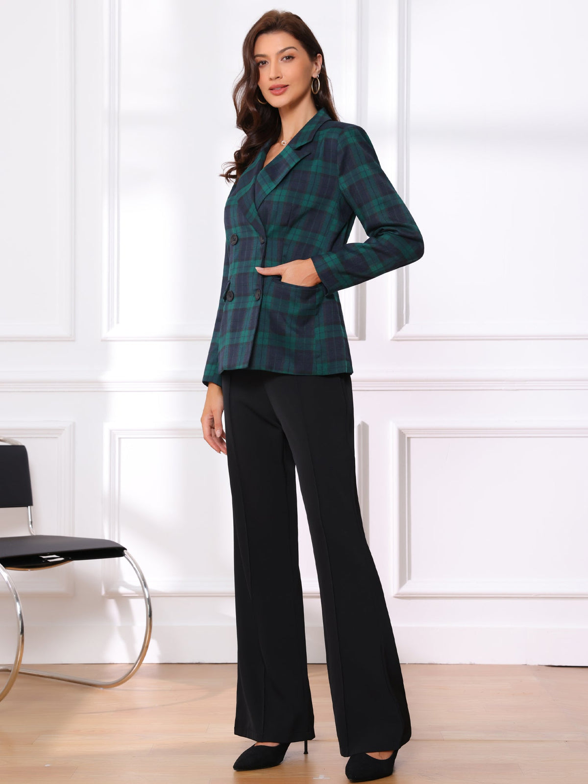 Plaid Padded-Double Breasted Blazer