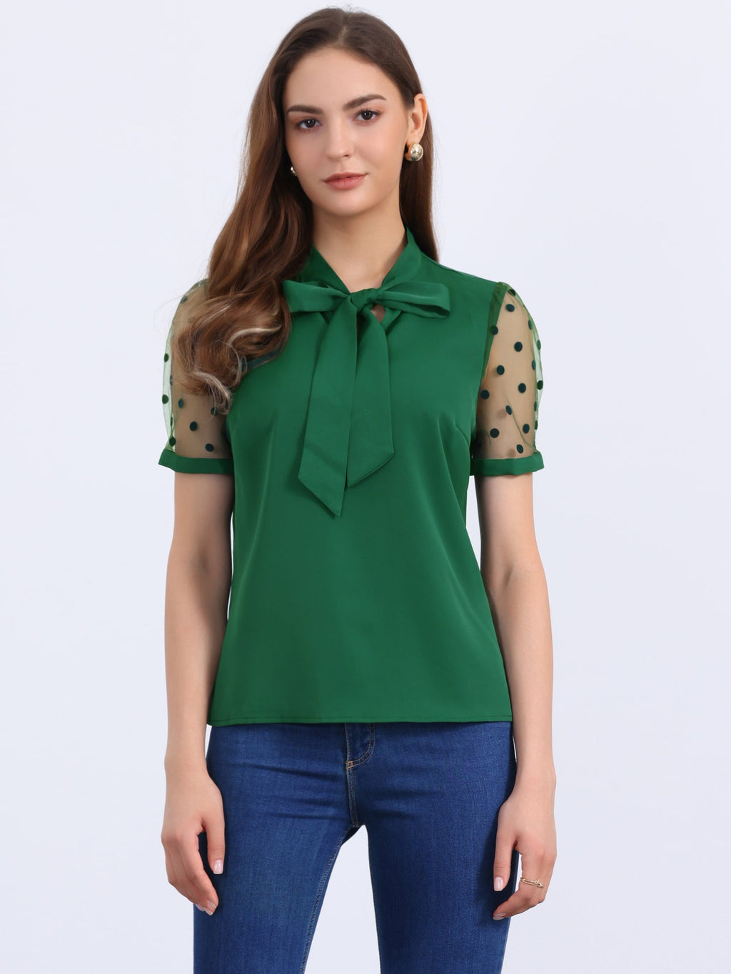 Mesh Sleeve Bow Tie Blouse
