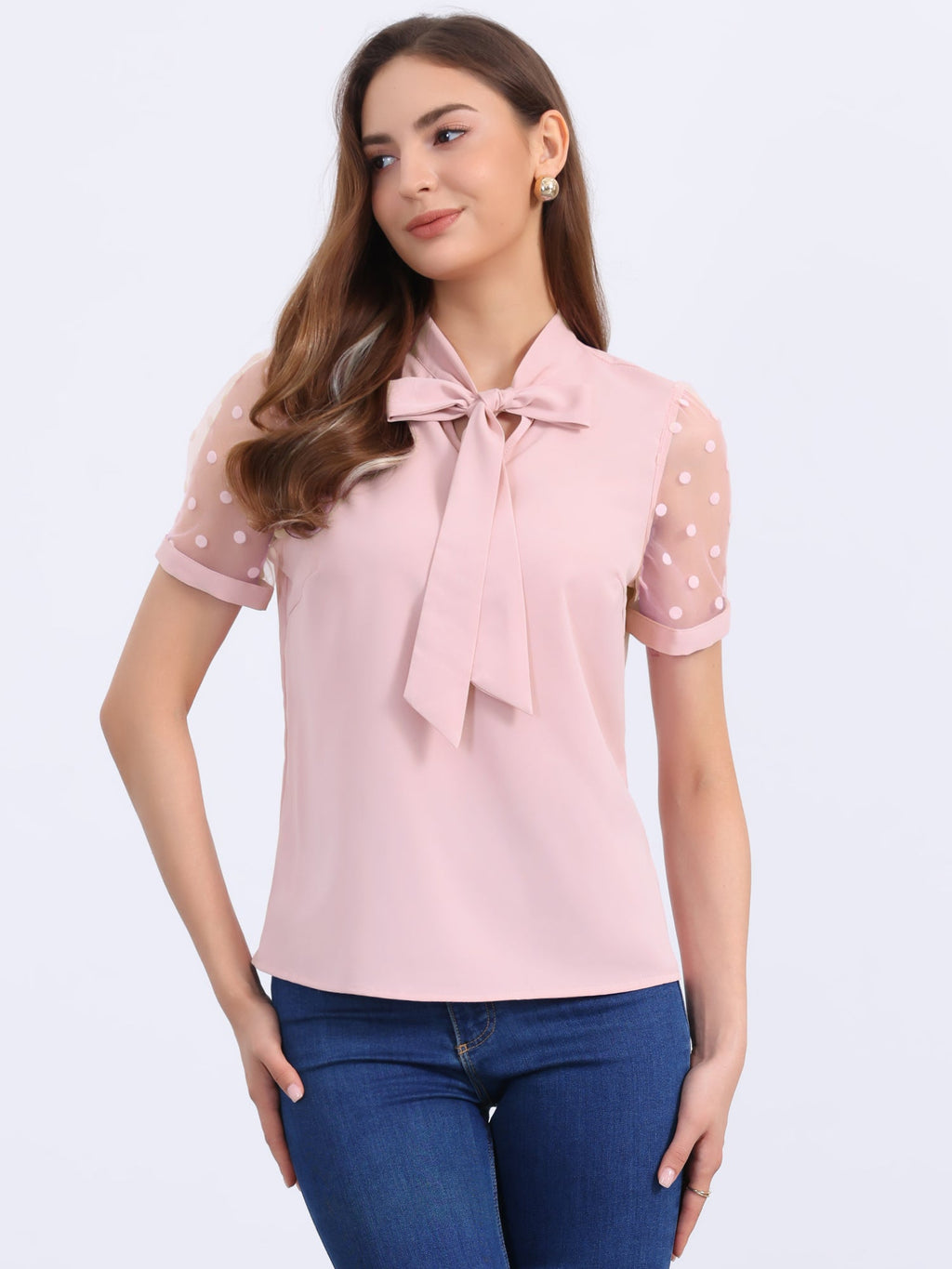 Mesh Sleeve Bow Tie Blouse