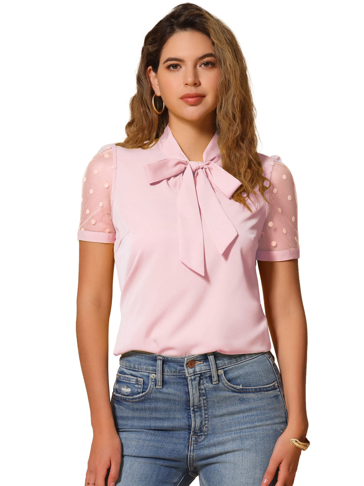 Mesh Sleeve Bow Tie Blouse