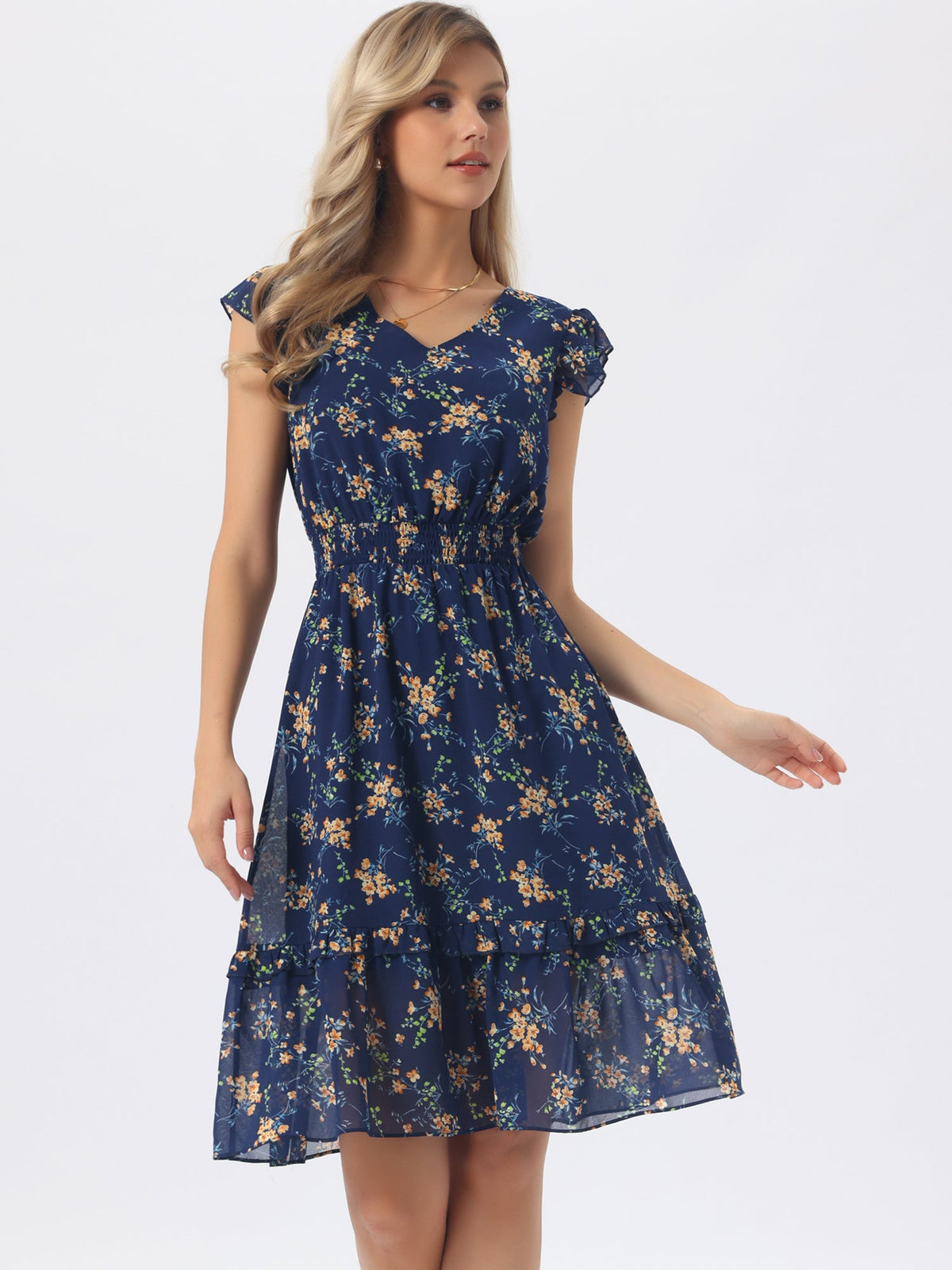 V-Neck Floral Flutter Dress
