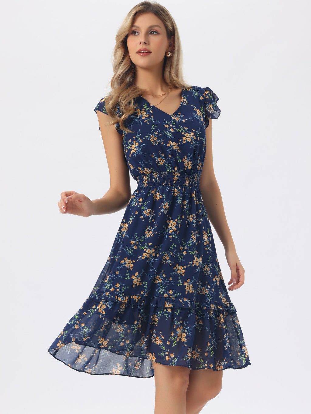 V-Neck Floral Flutter Dress
