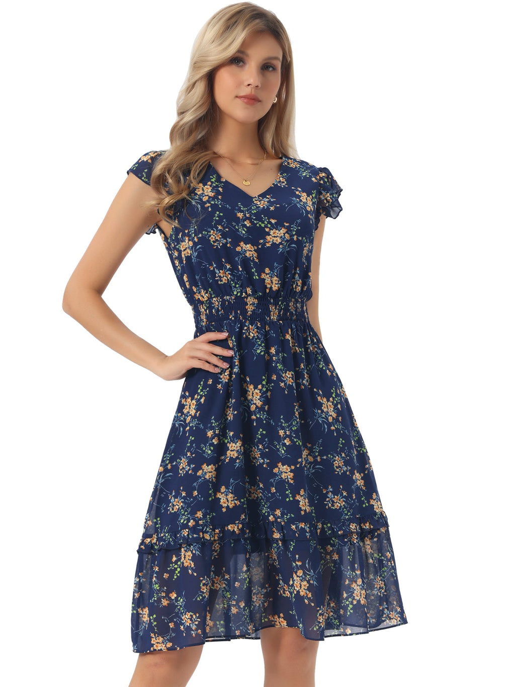 V-Neck Floral Flutter Dress
