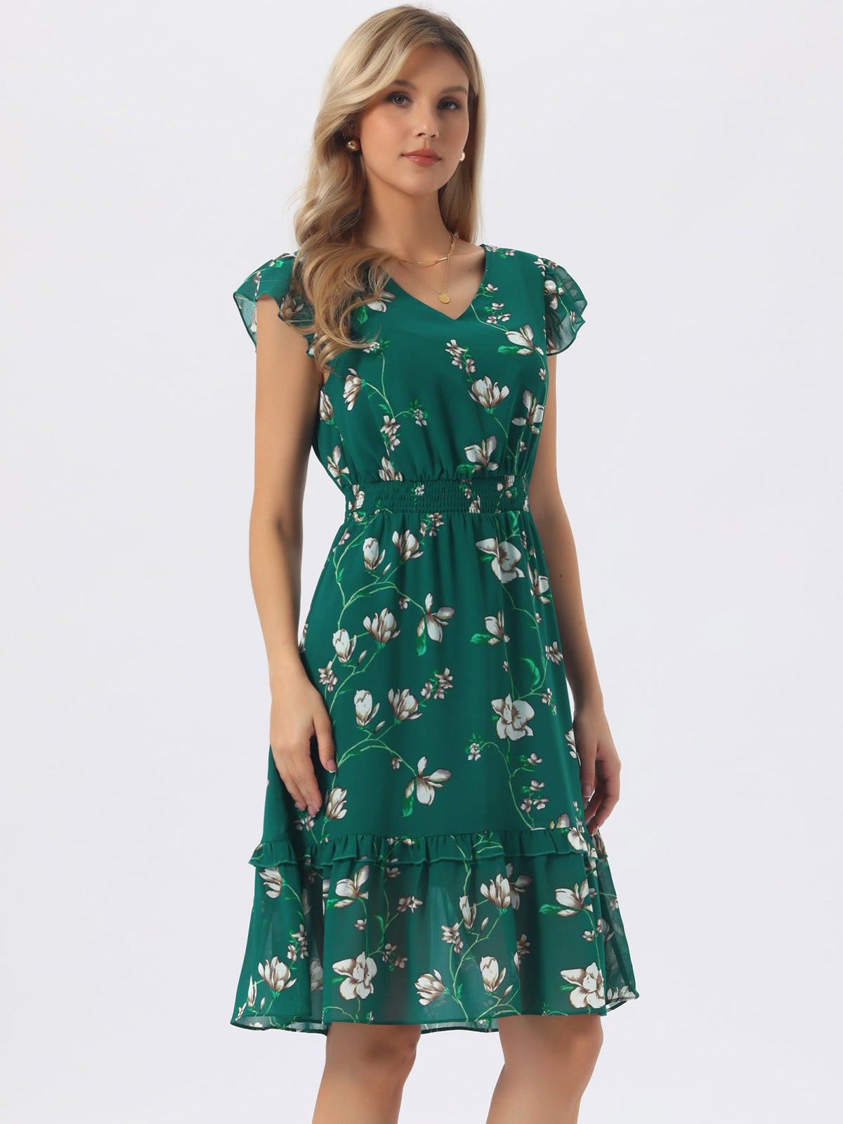 V-Neck Floral Flutter Dress