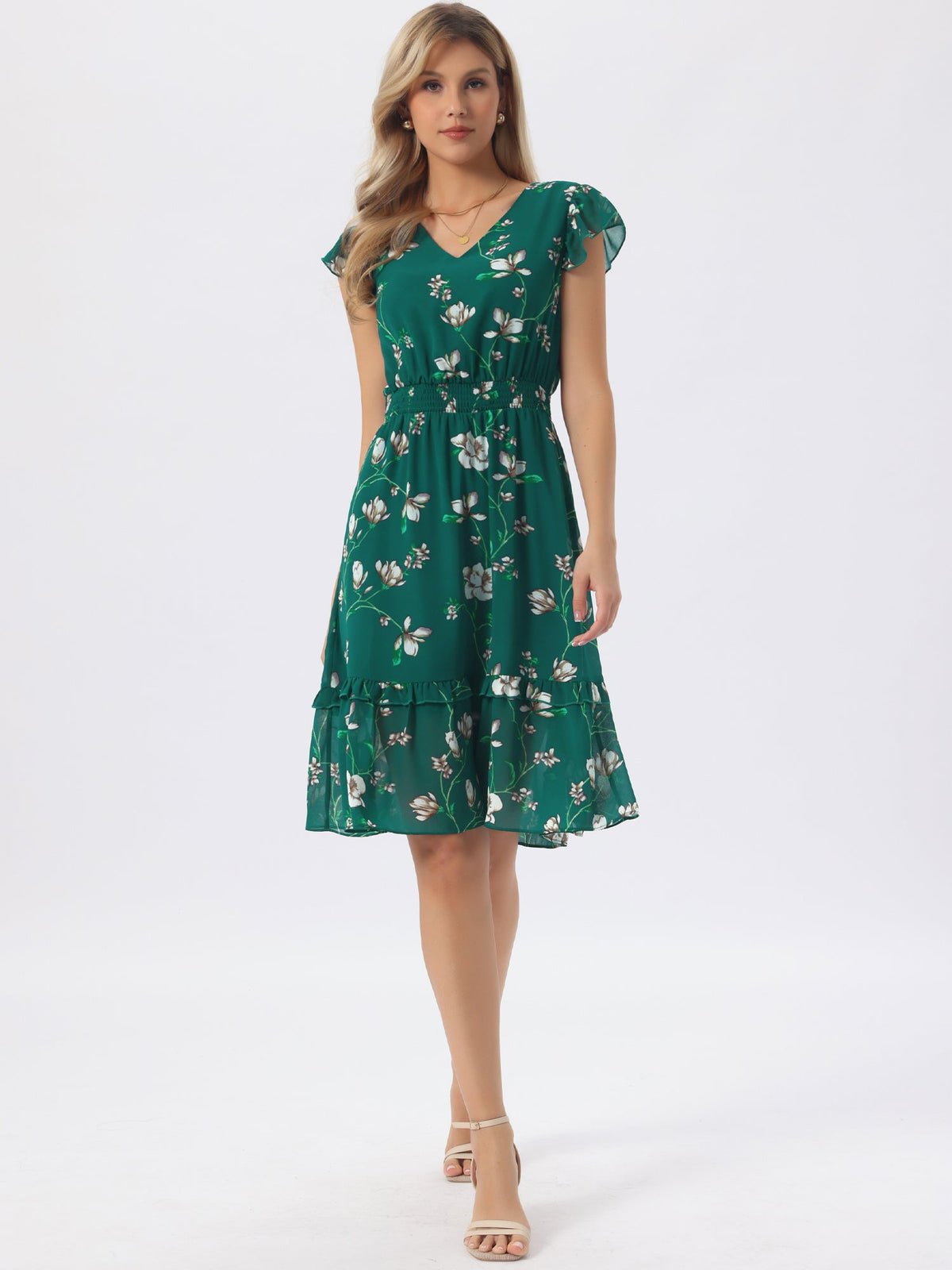 V-Neck Floral Flutter Dress