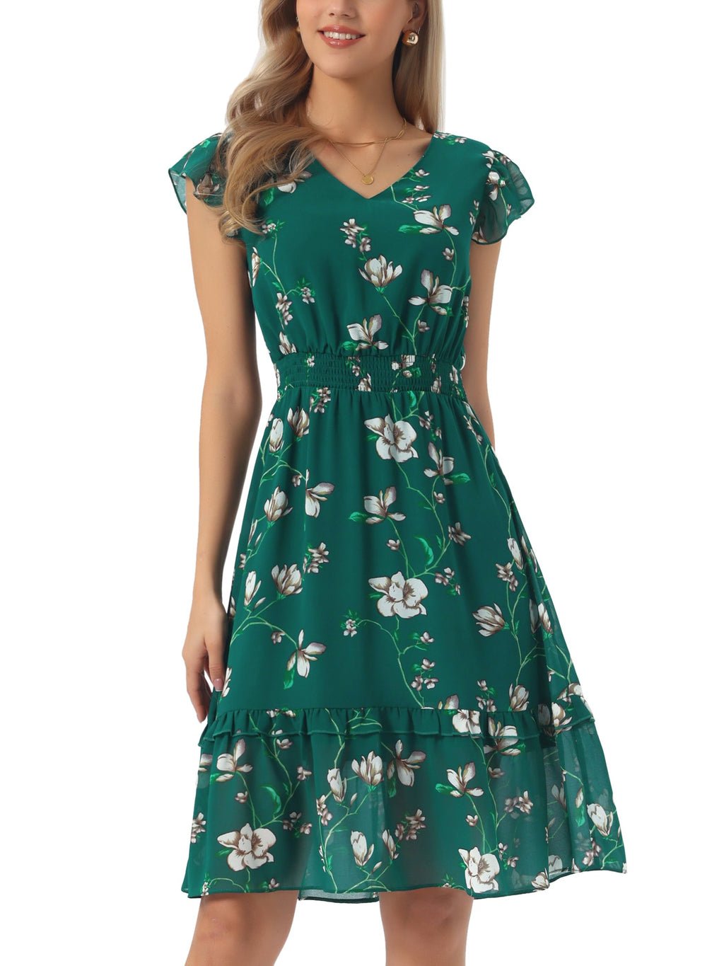 V-Neck Floral Flutter Dress