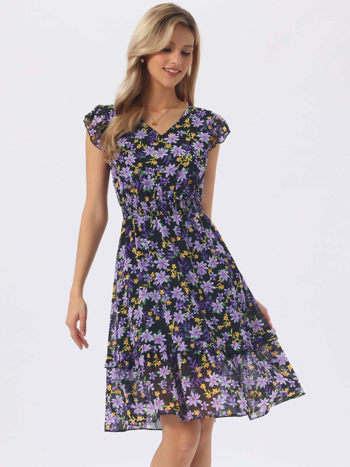 V-Neck Floral Flutter Dress
