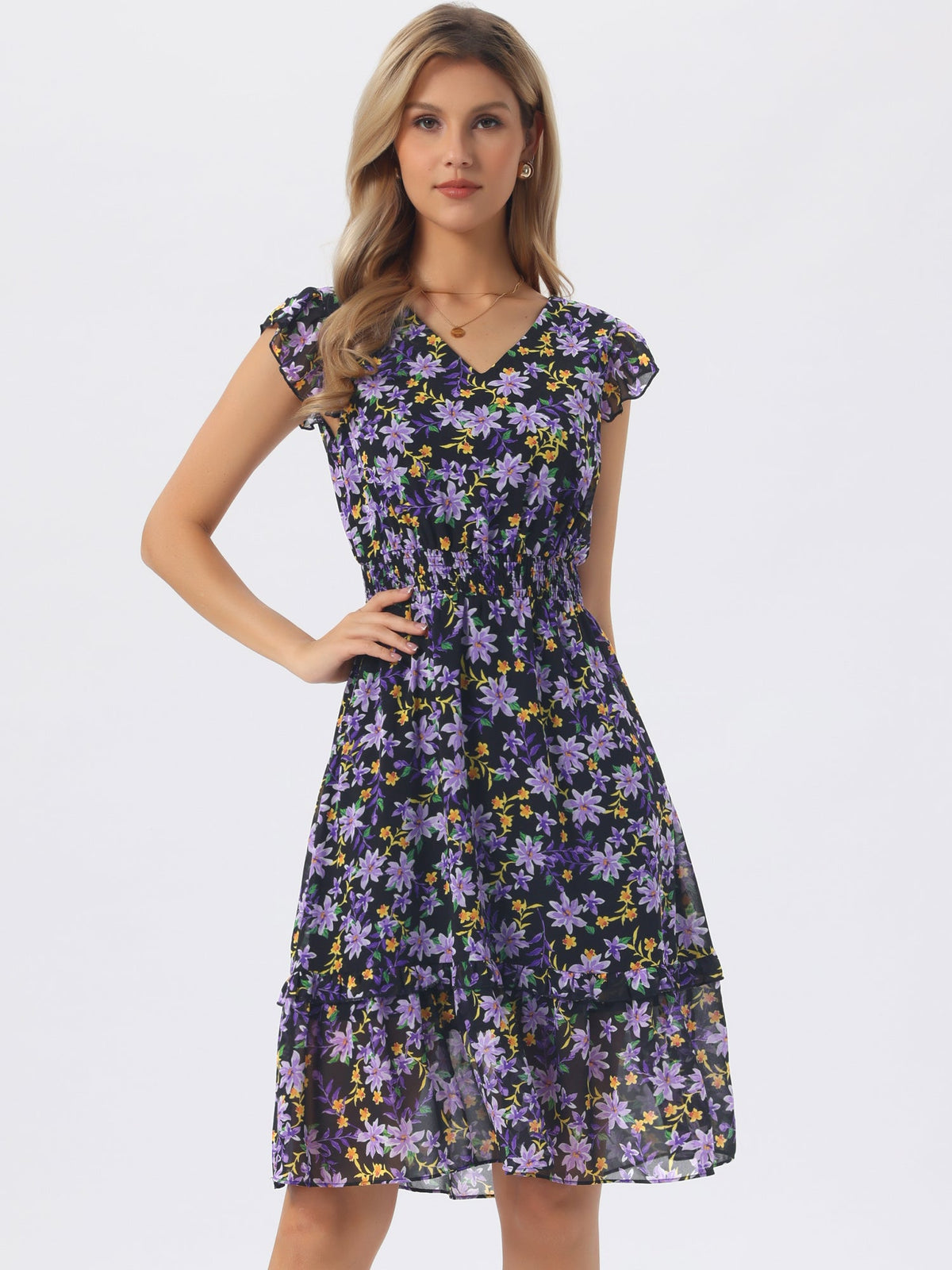 V-Neck Floral Flutter Dress