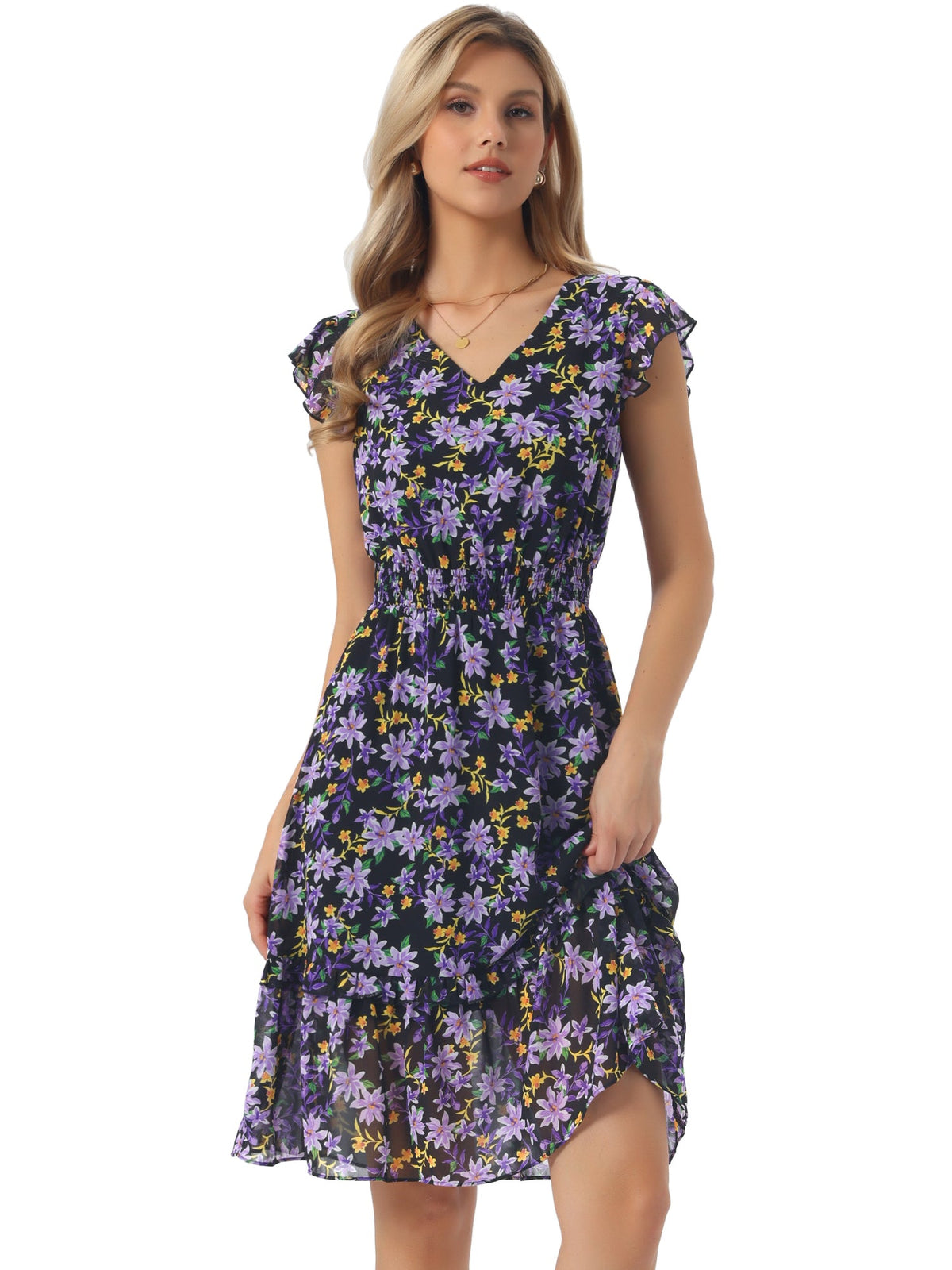 V-Neck Floral Flutter Dress