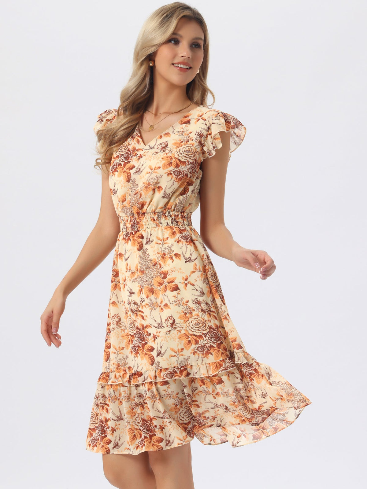 V-Neck Floral Flutter Dress