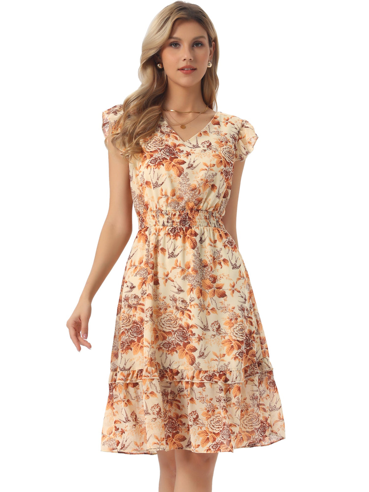 V-Neck Floral Flutter Dress