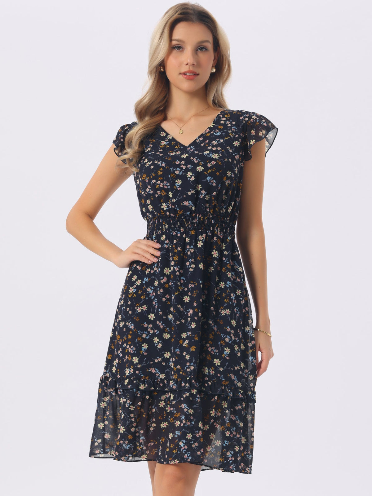 V-Neck Floral Flutter Dress