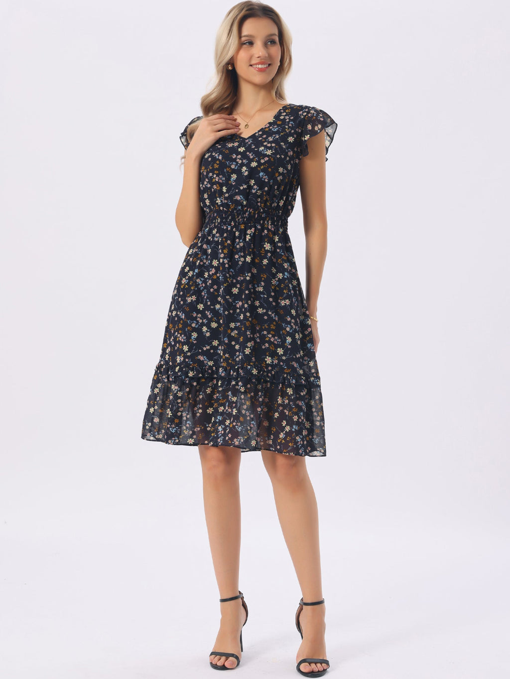 V-Neck Floral Flutter Dress